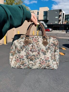 Vintage French Luggage Co “Speedy” Tapestry Floral Bag with Suede Handles